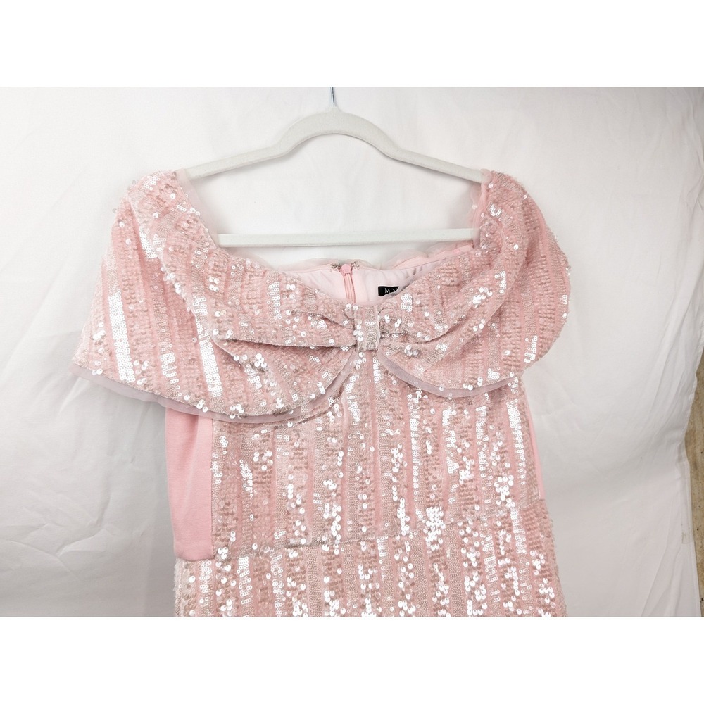 Sequin Coquette Off Shoulder Bow Midi Dress Size L Pink Romantic Cocktail Event - Picture 3 of 11